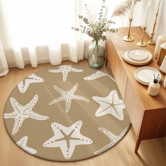 Round Area Rugs 6Ft, Beige Brown Starfish Coastal Non-Slip Washable Circle Rugs Carpet, Nautical Summer Ocean Abstract Art Indoor Outdoor Rug Floor Mats Throw Runner for Bedroom Living Room Bathroom
