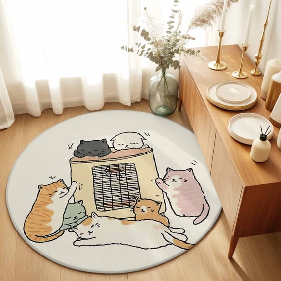 Round Area Rugs 6Ft, Beige Cute Cat Non-Slip Washable Circle Rugs Carpet, Cartoon Funny Heater Cats Indoor Outdoor Rug Floor Mats Throw Runner for Bedroom Living Room Bathroom