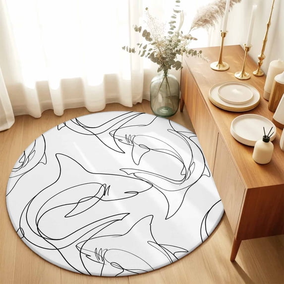 Round Area Rugs 6Ft, Black White Shark Non-Slip Washable Circle Rugs Carpet, Modern Line Abstract Art Indoor Outdoor Rug Floor Mats Throw Runner for Bedroom Living Room Bathroom