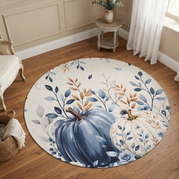 Round Area Rugs 6Ft, Bleu Pumpkin Fall Non-Slip Washable Circle Rugs Carpet, Thanksgiving Botanical Maple Leaf Indoor Outdoor Rug Floor Mats Throw Runner for Bedroom Living Room Bathroom