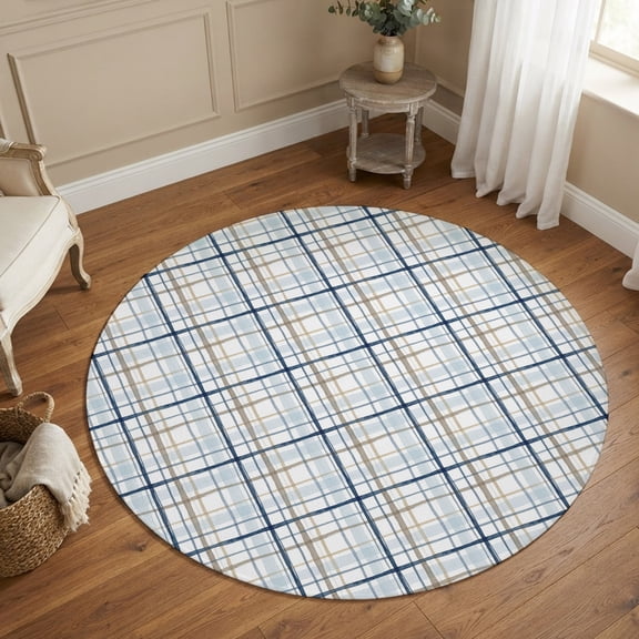 Round Area Rugs 6Ft, Blue Lines Non-Slip Washable Circle Rugs Carpet, Modern Gingham Plaid Striped Farmhouse Indoor Outdoor Rug Floor Mats Throw Runner for Bedroom Living Room Bathroom