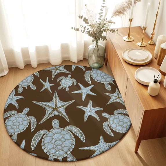 Round Area Rugs 6Ft, Brown Blue Coastal Non-Slip Washable Circle Rugs Carpet, Summer Beach Sea Turtle Starfish Nautical Indoor Outdoor Rug Floor Mats Throw Runner for Bedroom Living Room Bathroom