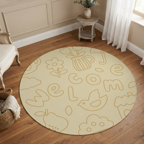 Round Area Rugs 6Ft, Brown Line Art Non-Slip Washable Circle Rugs Carpet, Abstract Minimalist Sketch Cartoon Outline Indoor Outdoor Rug Floor Mats Throw Runner for Bedroom Living Room Bathroom