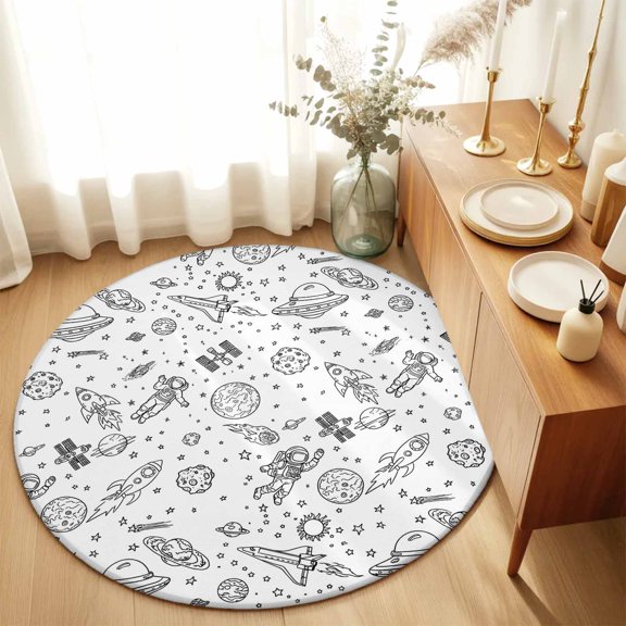 Round Area Rugs 6Ft, Cartoon Space Non-Slip Washable Circle Rugs Carpet, Spacecraft Rocket Meteorite Star Cute Indoor Outdoor Rug Floor Mats Throw Runner for Bedroom Living Room Bathroom