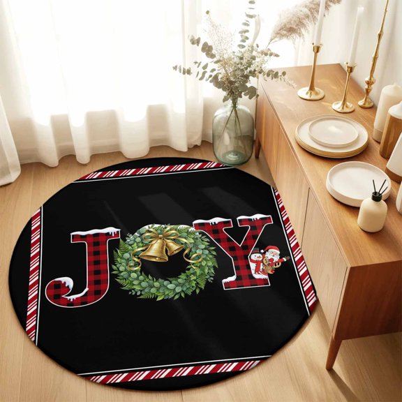 Round Area Rugs 6Ft, Christmas Non-Slip Washable Circle Rugs Carpet, Winter Snowman Santa Red Black Buffalo Checkered Indoor Outdoor Rug Floor Mats Throw Runner for Bedroom Living Room Bathroom