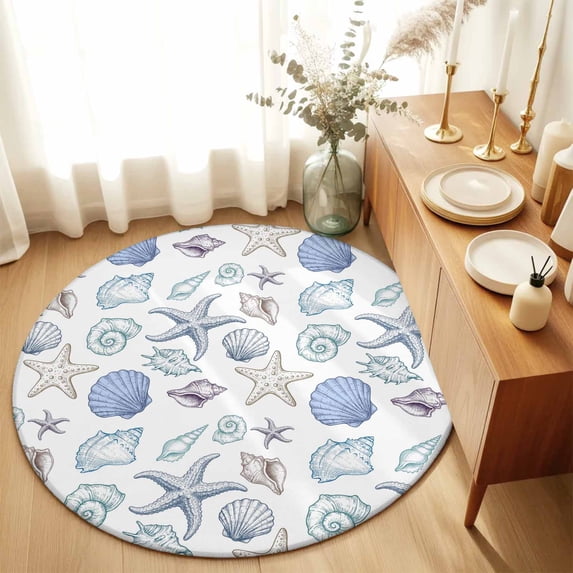 Round Area Rugs 6Ft, Coastal Nautical Non-Slip Washable Circle Rugs Carpet, Watercolor Beach Shell Starfish Conch Summer Indoor Outdoor Rug Floor Mats Throw Runner for Bedroom Living Room Bathroom
