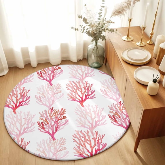 Round Area Rugs 6Ft, Coastal Pink Coral Non-Slip Washable Circle Rugs Carpet, Nautical Ocean Seaside Beach Indoor Outdoor Rug Floor Mats Throw Runner for Bedroom Living Room Bathroom