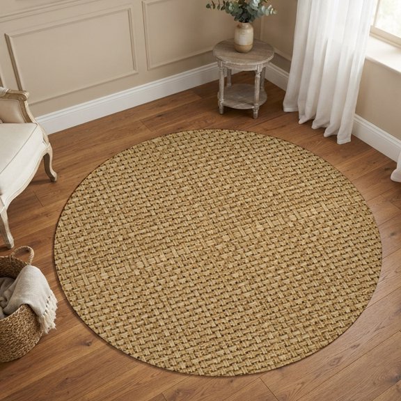 Round Area Rugs 6Ft, Farmhouse Non-Slip Washable Circle Rugs Carpet, Country Chic Plaid Gingham Burlap Texture Indoor Outdoor Rug Floor Mats Throw Runner for Bedroom Living Room Bathroom