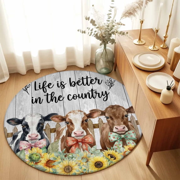 Round Area Rugs 6Ft, Farmhouse Sunflowers Non-Slip Washable Circle Rugs Carpet, Country Cow Animals Fence Grey Wood Indoor Outdoor Rug Floor Mats Throw Runner for Bedroom Living Room Bathroom