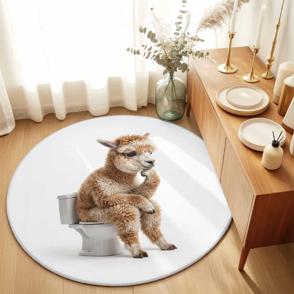 Round Area Rugs 6Ft, Funny Alpacas Non-Slip Washable Circle Rugs Carpet, Cute Art Fun Lovely Animals on Toilets Indoor Outdoor Rug Floor Mats Throw Runner for Bedroom Living Room Bathroom