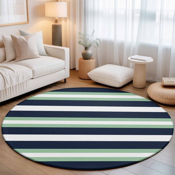 Round Area Rugs 6Ft, Green Navy Blue Striped Non-Slip Washable Circle Rugs Carpet, Chic Abstract Lines Geometric Indoor Outdoor Rug Floor Mats Throw Runner for Bedroom Living Room Bathroom