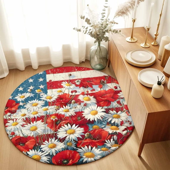 Round Area Rugs 6Ft, Indenpendence Day Non-Slip Washable Circle Rugs Carpet, 4th of July Red Blue American Flag Indoor Outdoor Rug Floor Mats Throw Runner for Bedroom Living Room Bathroom