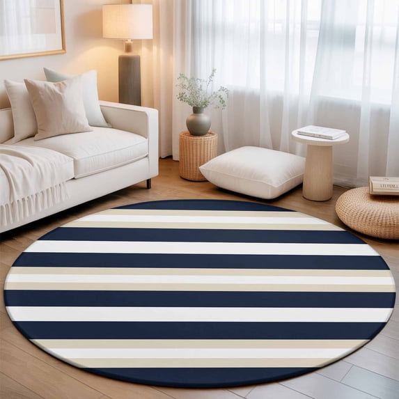 Round Area Rugs 6Ft, Khaki Navy Blue Striped Non-Slip Washable Circle Rugs Carpet, Farmhouse Abstract Lines Art Indoor Outdoor Rug Floor Mats Throw Runner for Bedroom Living Room Bathroom