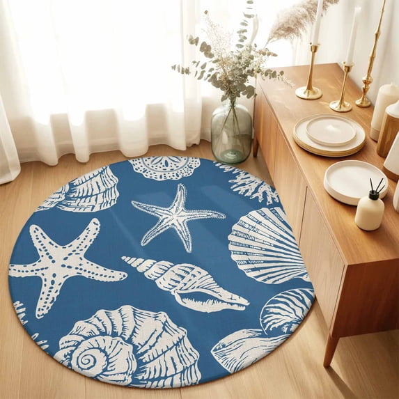 Round Area Rugs 6Ft, Lake Blue Starfish Coastal Non-Slip Washable Circle Rugs Carpet, Shell Summer Beach Nautical Indoor Outdoor Rug Floor Mats Throw Runner for Bedroom Living Room Bathroom