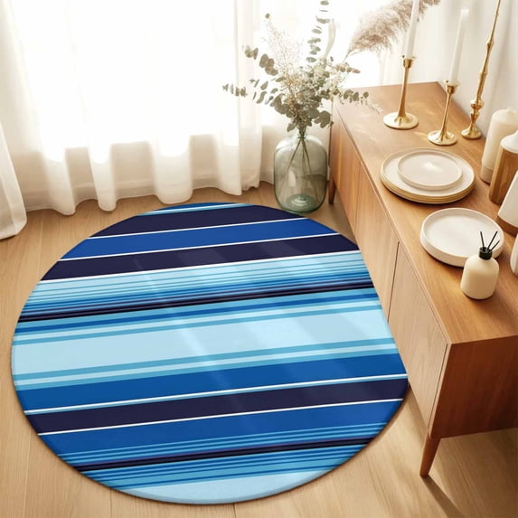Round Area Rugs 6Ft, Mexican Style Non-Slip Washable Circle Rugs Carpet, Colorful Mexico Stripes Ombre Blue Indoor Outdoor Rug Floor Mats Throw Runner for Bedroom Living Room Bathroom