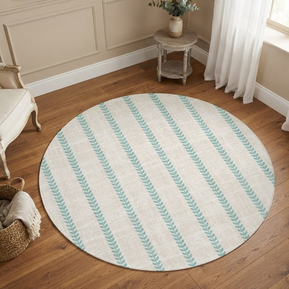 Round Area Rugs 6Ft, Mint Green Sttripes Non-Slip Washable Circle Rugs Carpet, Modern Minimalist Lines Beige Indoor Outdoor Rug Floor Mats Throw Runner for Bedroom Living Room Bathroom