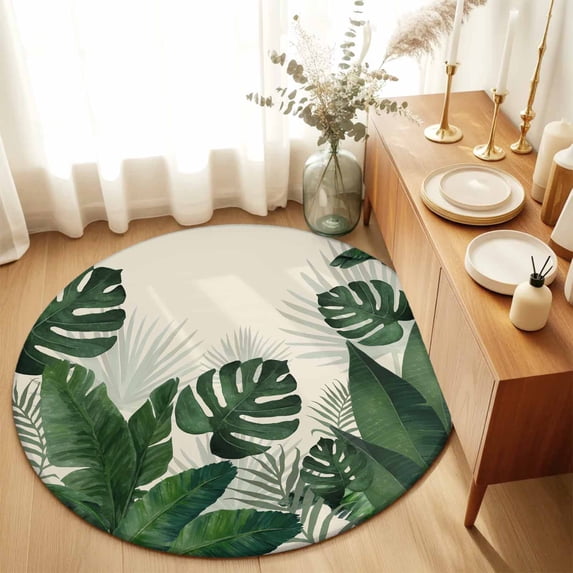 Round Area Rugs 6Ft, Monstera Leaves Non-Slip Washable Circle Rugs Carpet, Summer Green Tropical Plants Leaf Beige Indoor Outdoor Rug Floor Mats Throw Runner for Bedroom Living Room Bathroom