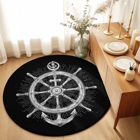 Round Area Rugs 6Ft, Nautical Anchor Non-Slip Washable Circle Rugs Carpet, Coastal Ocean Sea Chic Textured Black Indoor Outdoor Rug Floor Mats Throw Runner for Bedroom Living Room Bathroom
