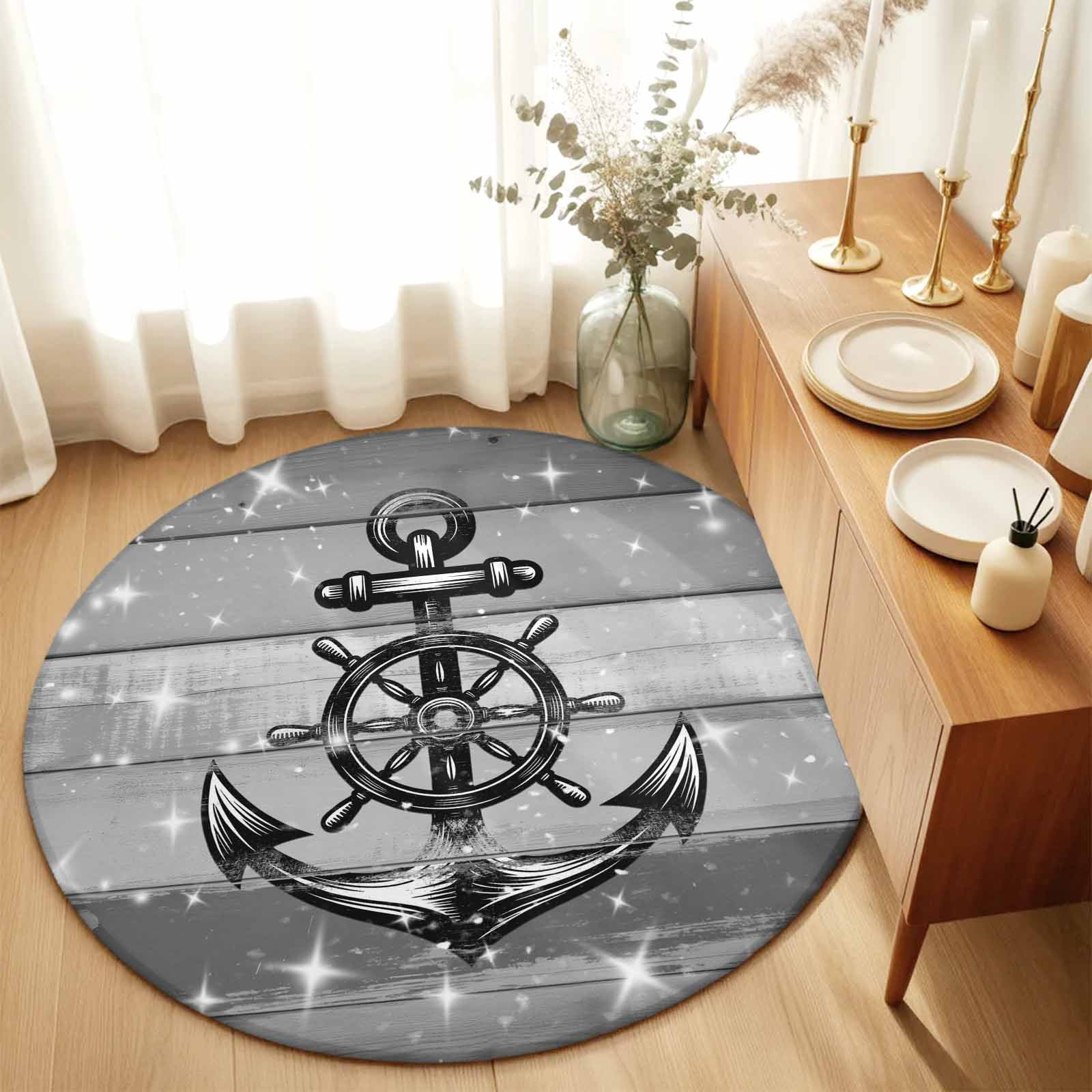 Round Area Rugs 6Ft, Nautical Anchor Non-Slip Washable Circle Rugs Carpet, Rudder Stars Retro Black Grey Wooden Grain Indoor Outdoor Rug Floor Mats Throw Runner for Bedroom Living Room Bathroom