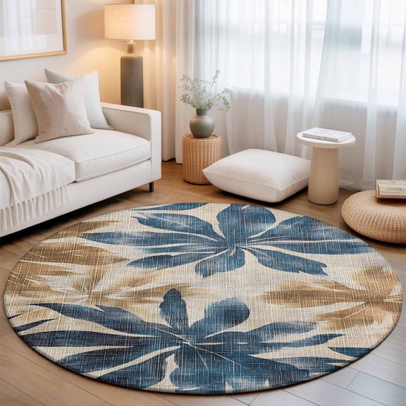 Round Area Rugs 6Ft, Navy Blue Brown Non-Slip Washable Circle Rugs Carpet, Tropical Botanical Palm Leaves Vintage Indoor Outdoor Rug Floor Mats Throw Runner for Bedroom Living Room Bathroom