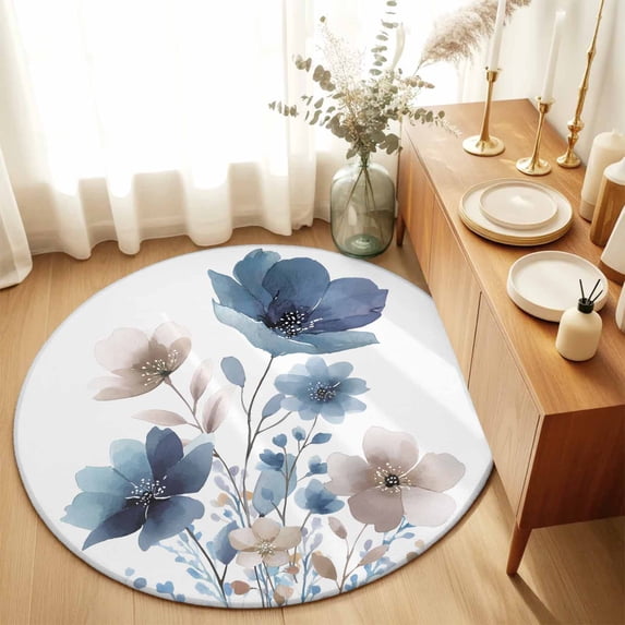 Round Area Rugs 6Ft, Navy Blue Floral Non-Slip Washable Circle Rugs Carpet, Watercolor Flowers Farmhouse Indoor Outdoor Rug Floor Mats Throw Runner for Bedroom Living Room Bathroom