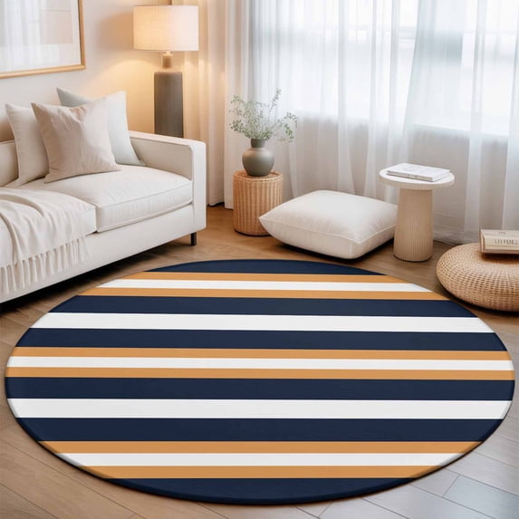 Round Area Rugs 6Ft, Orange Navy Blue Striped Non-Slip Washable Circle Rugs Carpet, Minimalist Farmhouse Lines Indoor Outdoor Rug Floor Mats Throw Runner for Bedroom Living Room Bathroom