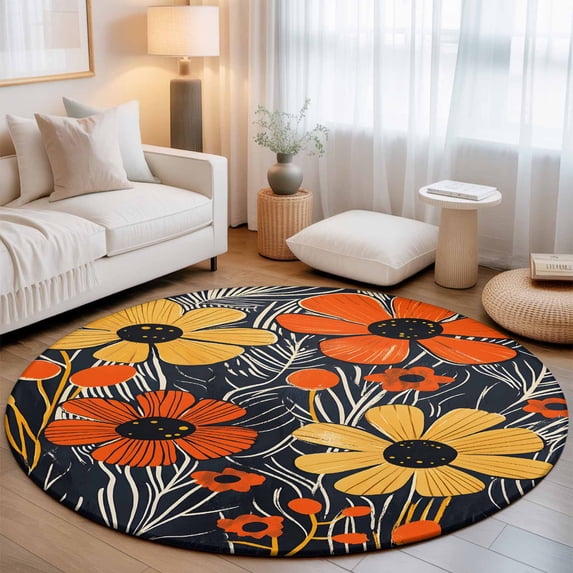 Round Area Rugs 6Ft, Orange Yellow Floral Non-Slip Washable Circle Rugs Carpet, Botanical Summer Tropical Black Indoor Outdoor Rug Floor Mats Throw Runner for Bedroom Living Room Bathroom