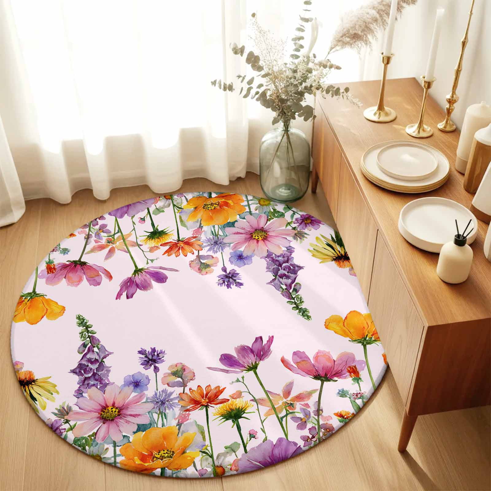 Round Area Rugs 6Ft, Pink Spring Floral Non-Slip Washable Circle Rugs Carpet, Elegant Pastoral Flowers Daisy Indoor Outdoor Rug Floor Mats Throw Runner for Bedroom Living Room Bathroom