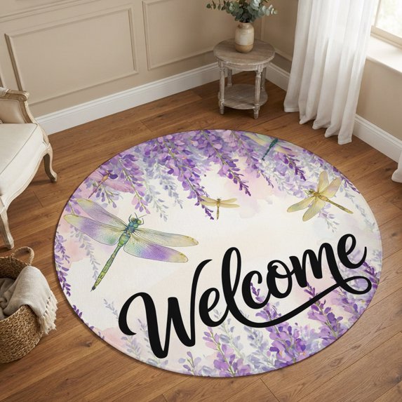 Round Area Rugs 6Ft, Spring Flowers Non-Slip Washable Circle Rugs Carpet, Purple Watercolor Botanical Floral Vines Indoor Outdoor Rug Floor Mats Throw Runner for Bedroom Living Room Bathroom