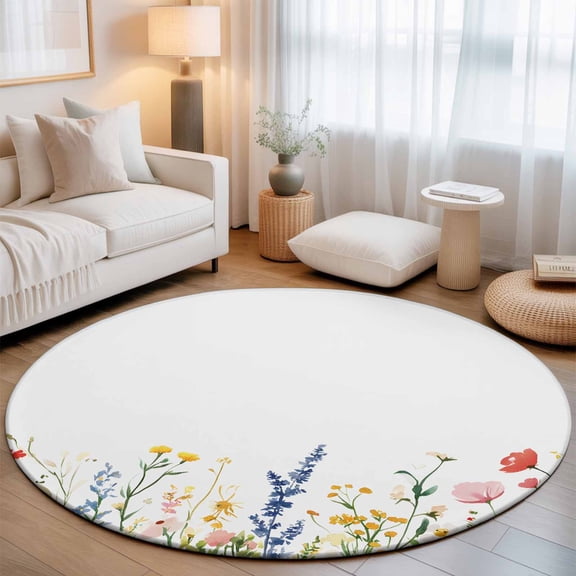Round Area Rugs 6Ft, Spring Flowers Non-Slip Washable Circle Rugs Carpet, Simple Botanical Wildflowers Herbs Indoor Outdoor Rug Floor Mats Throw Runner for Bedroom Living Room Bathroom