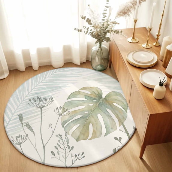 Round Area Rugs 6Ft, Summer Palm Leaves Non-Slip Washable Circle Rugs Carpet, Green Botanical Tropical Plant Indoor Outdoor Rug Floor Mats Throw Runner for Bedroom Living Room Bathroom