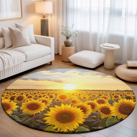 Round Area Rugs 6Ft, Sunflowers Non-Slip Washable Circle Rugs Carpet, Farmhouse Natural Botanical Sunset Scenery Indoor Outdoor Rug Floor Mats Throw Runner for Bedroom Living Room Bathroom