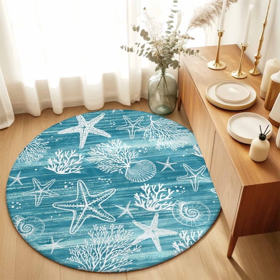Round Area Rugs 6Ft, Teal Coastal Non-Slip Washable Circle Rugs Carpet, Summer Ocean Sea Waves Starfish Corals Indoor Outdoor Rug Floor Mats Throw Runner for Bedroom Living Room Bathroom