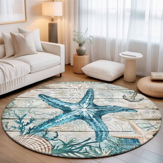 Round Area Rugs 6Ft, Teal Starfish Coastal Non-Slip Washable Circle Rugs Carpet, Summer Beach Nautical Retro Indoor Outdoor Rug Floor Mats Throw Runner for Bedroom Living Room Bathroom