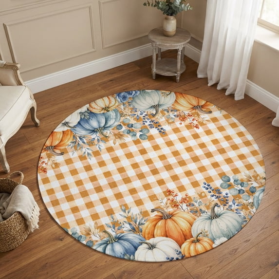Round Area Rugs 6Ft, Thanksgiving Fall Non-Slip Washable Circle Rugs Carpet, Autumn Orange Blue Pumpkin Check Indoor Outdoor Rug Floor Mats Throw Runner for Bedroom Living Room Bathroom