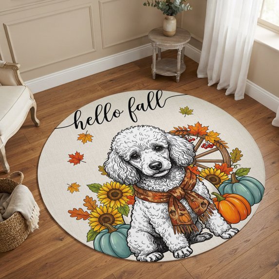 Round Area Rugs 6Ft, Thanksgiving Fall Non-Slip Washable Circle Rugs Carpet, Country Dog Pumpkin Sunflower Maple Leaf Indoor Outdoor Rug Floor Mats Throw Runner for Bedroom Living Room Bathroom