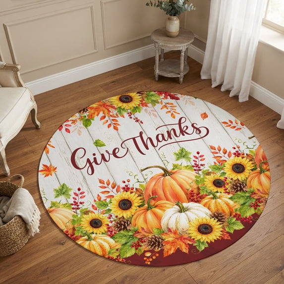 Round Area Rugs 6Ft, Thanksgiving Non-Slip Washable Circle Rugs Carpet, Fall Pumpkin Maple Cones Flowers Wood Plank Indoor Outdoor Rug Floor Mats Throw Runner for Bedroom Living Room Bathroom