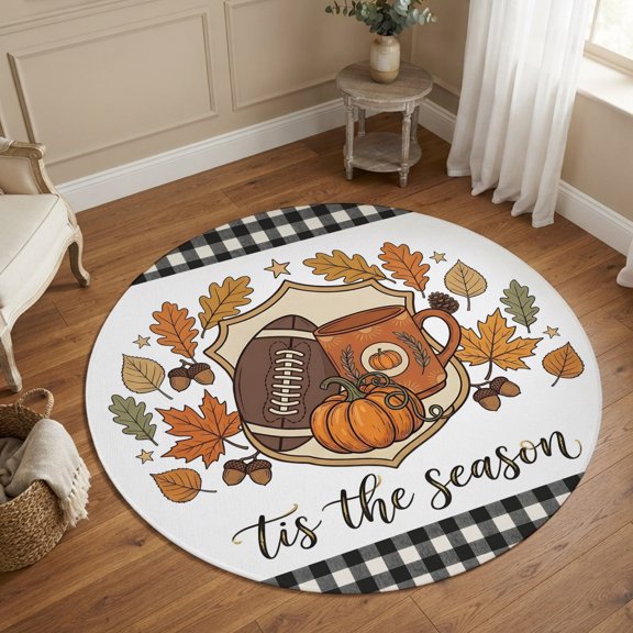 Round Area Rugs 6Ft, Thanksgiving Non-Slip Washable Circle Rugs Carpet, Fall Pumpkin Rugby Maple Leaf Gingham Indoor Outdoor Rug Floor Mats Throw Runner for Bedroom Living Room Bathroom