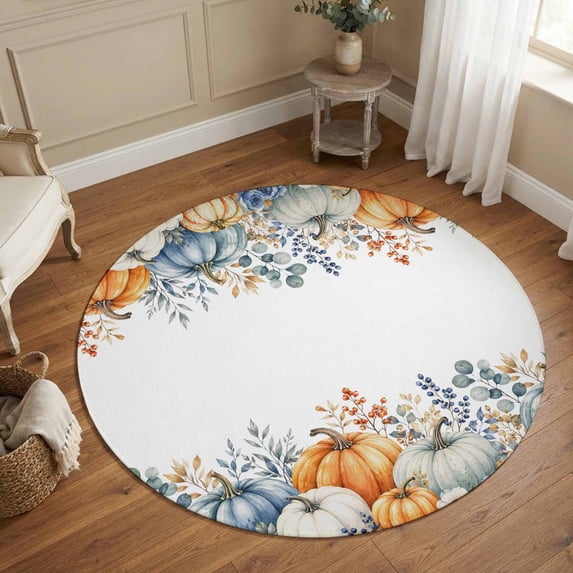 Round Area Rugs 6Ft, Thanksgiving Pumpkin Non-Slip Washable Circle Rugs Carpet, Fall Eucalyptus Leaves Vines Indoor Outdoor Rug Floor Mats Throw Runner for Bedroom Living Room Bathroom