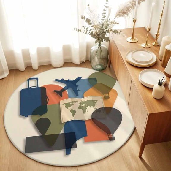 Round Area Rugs 6Ft, Travel Adventure Non-Slip Washable Circle Rugs Carpet, Modern Maps Luggage Hot Balloons Indoor Outdoor Rug Floor Mats Throw Runner for Bedroom Living Room Bathroom