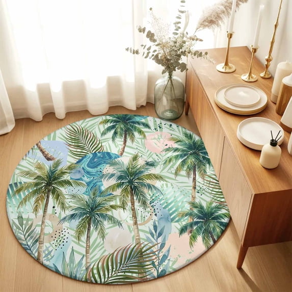 Round Area Rugs 6Ft, Tropical Plants Non-Slip Washable Circle Rugs Carpet, Summer Coastal Beach Coconut Tree Green Indoor Outdoor Rug Floor Mats Throw Runner for Bedroom Living Room Bathroom