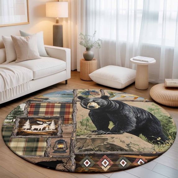 Round Area Rugs 6Ft, Vintage Black Bears Non-Slip Washable Circle Rugs Carpet, Abstract Country Plaid Fish Retro Indoor Outdoor Rug Floor Mats Throw Runner for Bedroom Living Room Bathroom