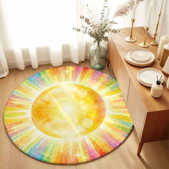 Round Area Rugs 6Ft, Watercolor Sun Non-Slip Washable Circle Rugs Carpet, Cartoon Summer Colorful Rainbows Indoor Outdoor Rug Floor Mats Throw Runner for Bedroom Living Room Bathroom