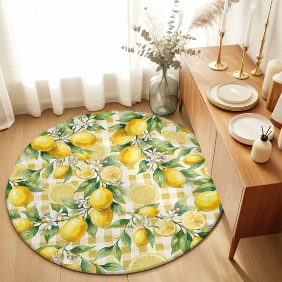 Round Area Rugs 6Ft, Yellow Lemons Non-Slip Washable Circle Rugs Carpet, Summer Botanical Checkered Pastoral Indoor Outdoor Rug Floor Mats Throw Runner for Bedroom Living Room Bathroom