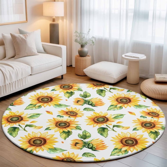 Round Area Rugs 6Ft, Yellow Sunflower Non-Slip Washable Circle Rugs Carpet, Country Petals Floral Summer Spring Indoor Outdoor Rug Floor Mats Throw Runner for Bedroom Living Room Bathroom