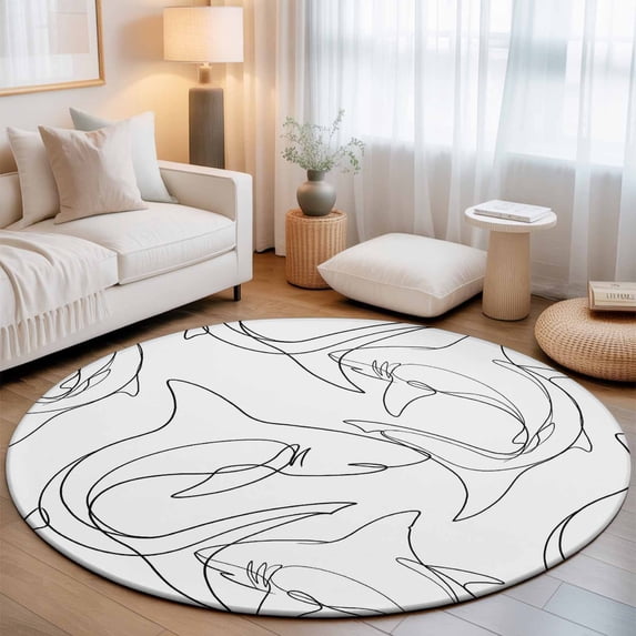 Round Area Rugs 7Ft, Black White Shark Non-Slip Washable Circle Rugs Carpet, Modern Line Abstract Art Indoor Outdoor Rug Floor Mats Throw Runner for Bedroom Living Room Bathroom