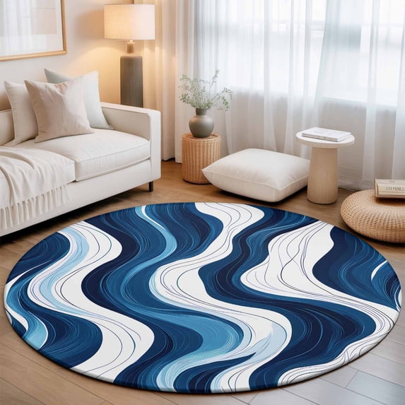 Round Area Rugs 7Ft, Blue Stripe Non-Slip Washable Circle Rugs Carpet, Geometric White Coastal Wave Modern Ocean Indoor Outdoor Rug Floor Mats Throw Runner for Bedroom Living Room Bathroom