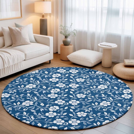 Round Area Rugs 7Ft, Blue White Floral Non-Slip Washable Circle Rugs Carpet, Farmhouse Retro Botanical Leaves Indoor Outdoor Rug Floor Mats Throw Runner for Bedroom Living Room Bathroom