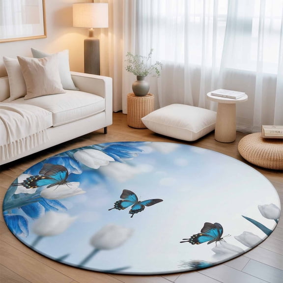 Round Area Rugs 7Ft, Blue White Floral Non-Slip Washable Circle Rugs Carpet, Ombre Tulips Modern Art Spring Indoor Outdoor Rug Floor Mats Throw Runner for Bedroom Living Room Bathroom
