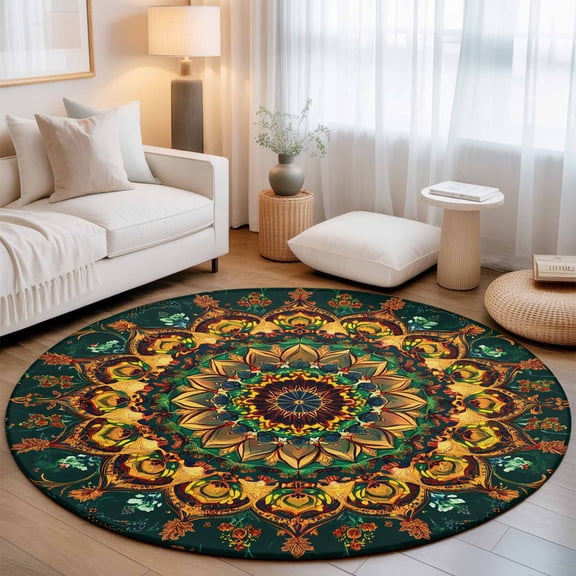 Round Area Rugs 7Ft, Bohemian Flower Non-Slip Washable Circle Rugs Carpet, Colorful Yellow Boho Rustic Tribal Indoor Outdoor Rug Floor Mats Throw Runner for Bedroom Living Room Bathroom